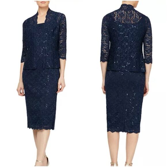 SLNY Jacket Dress 2 Piece Sheath Navy Blue Stretch Lace Women’s Plus Size 14 - Picture 15 of 15